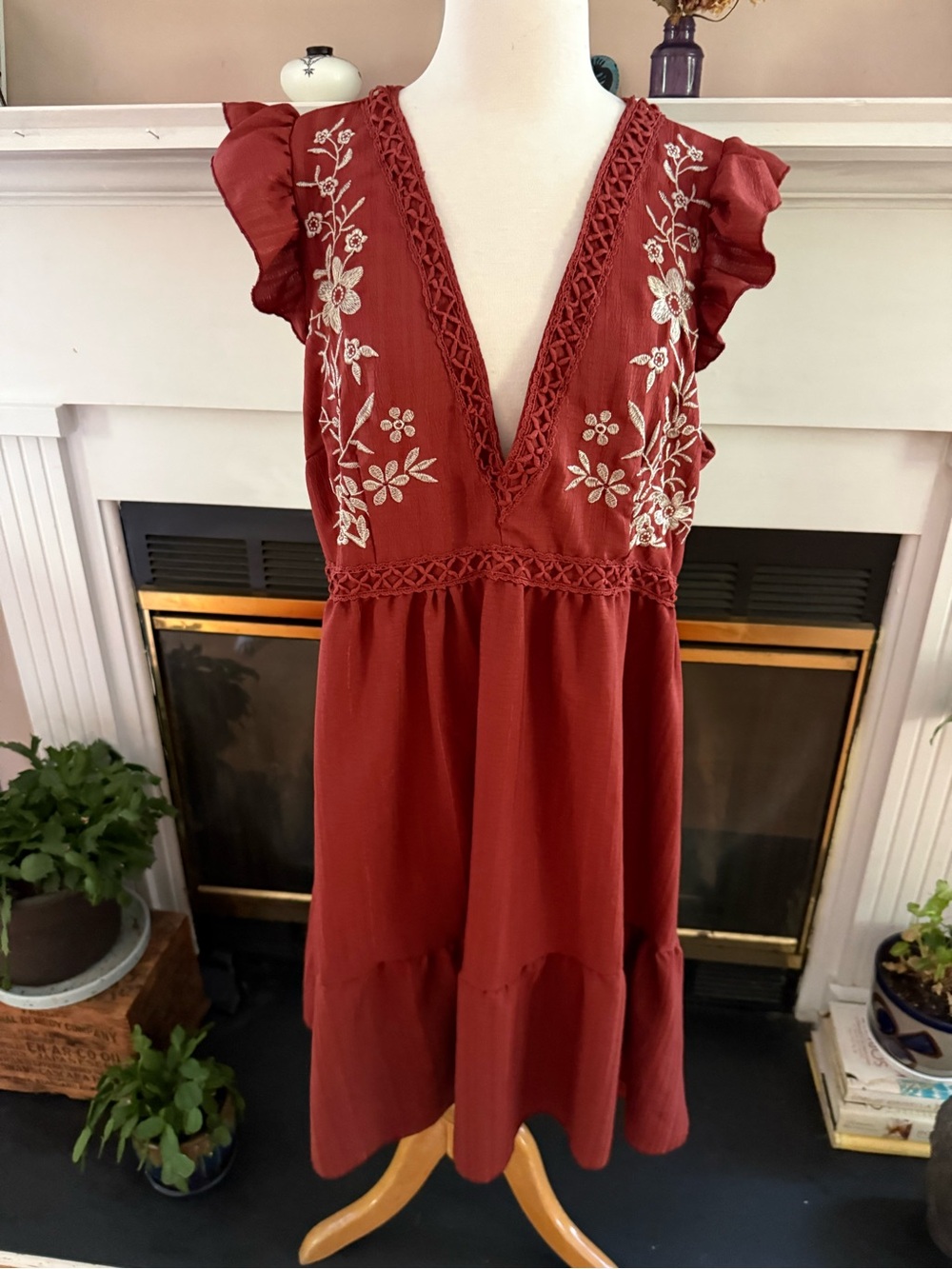 SHEIN Rust Red Embroidered V-Neck Ruffle Boho Dress for fall